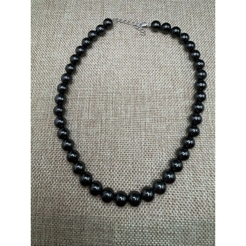 Classic Black Glass Bead Necklace with Sterling Silver Clasp
